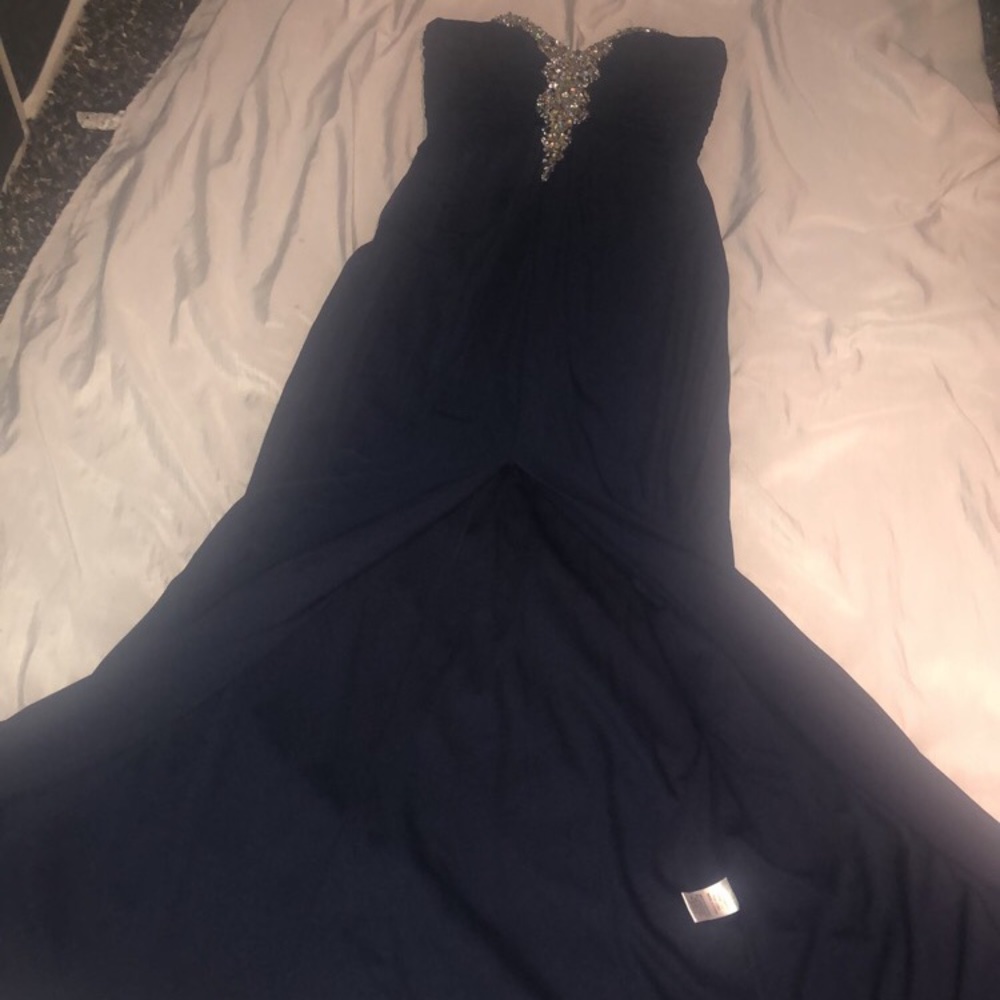 Formal navy blue strapless gem dress